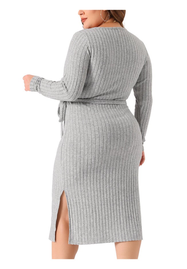Round Neck Long Sleeve Ribbed Knit Side Slit Tie Waist Bodycon Midi Dress, Gray / Light Grey, alternate image number 2
