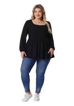 Scoop Neck Long Sleeve Ruffle Hem Peplum Knit Blouse