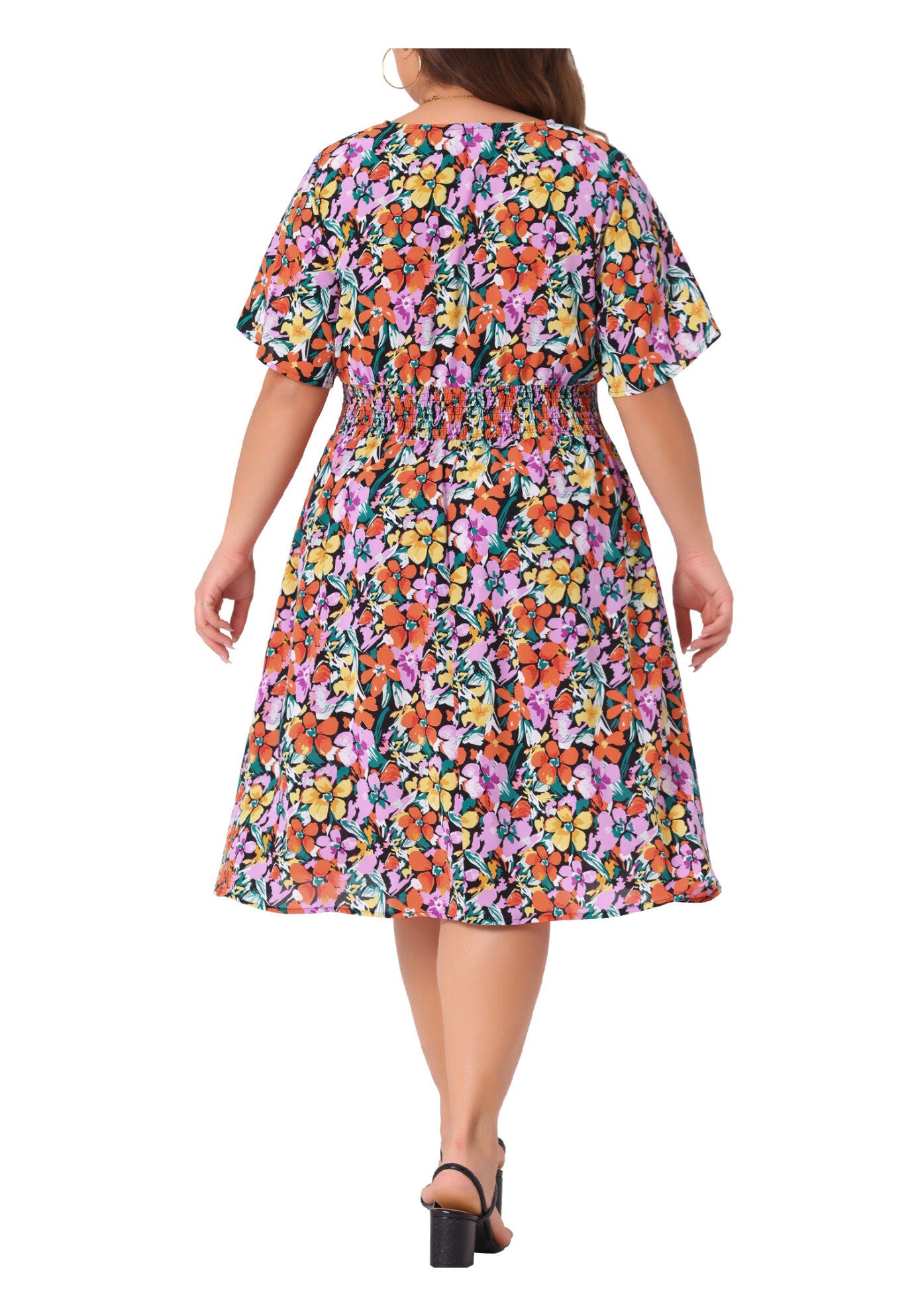 Summer Elastic Waist V Neck Short Sleeve Floral Midi Dress, Orange Yellow / Orange, alternate image number 3