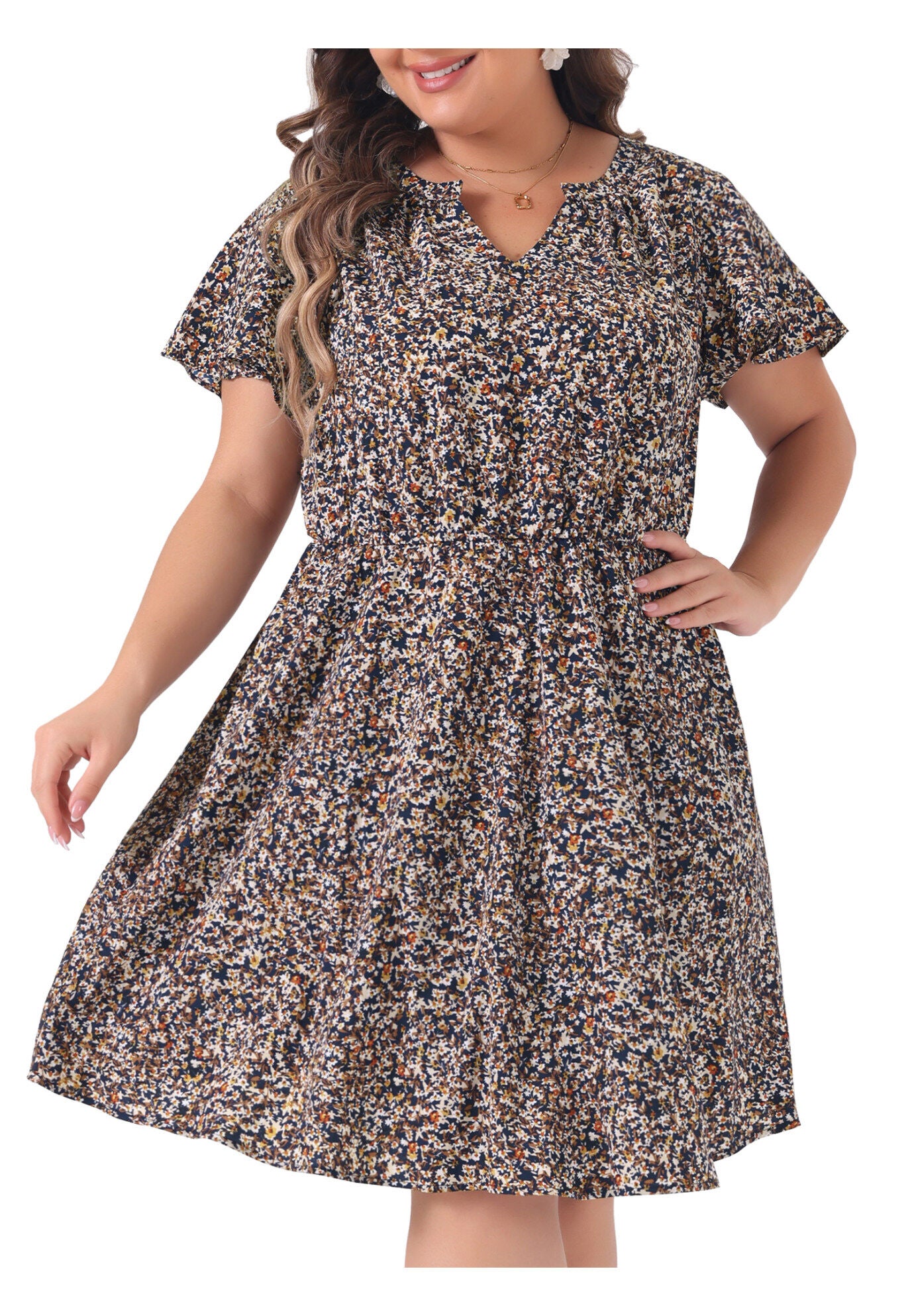 Boho Floral Notched V Neck Ruffle Sleeve A Line Midi Dress, Navy Blue / Navy, alternate image number 2