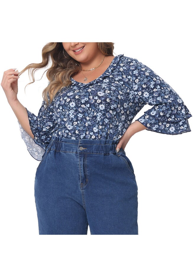 Floral Print V Neck Tiered Ruffle Bell Sleeve Blouse Top, Navy Blue / Navy, alternate image number 2