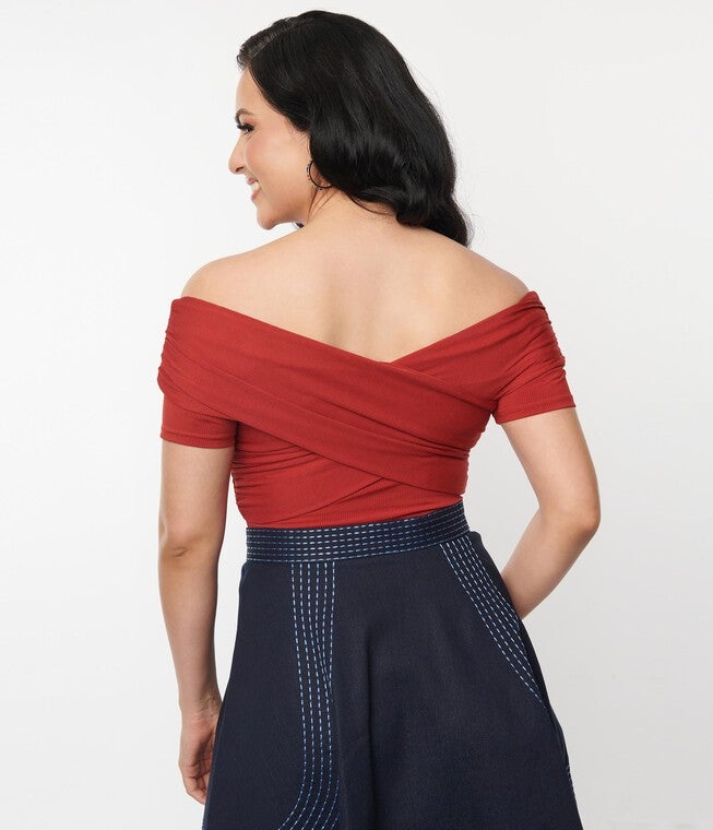 Unique Vintage Burnt Orange Off Shoulder Daydreamer Bodysuit, Orange / Burnt Orange, alternate image number 1