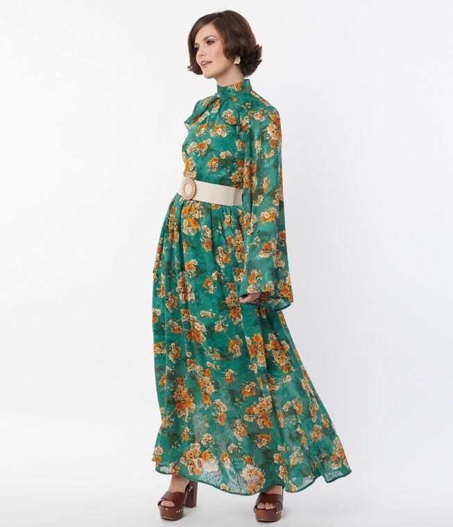 Unique Vintage Green & Orange Floral Bell Sleeve Maxi Dress, Green Orange Floral / Forest Green, alternate image number null
