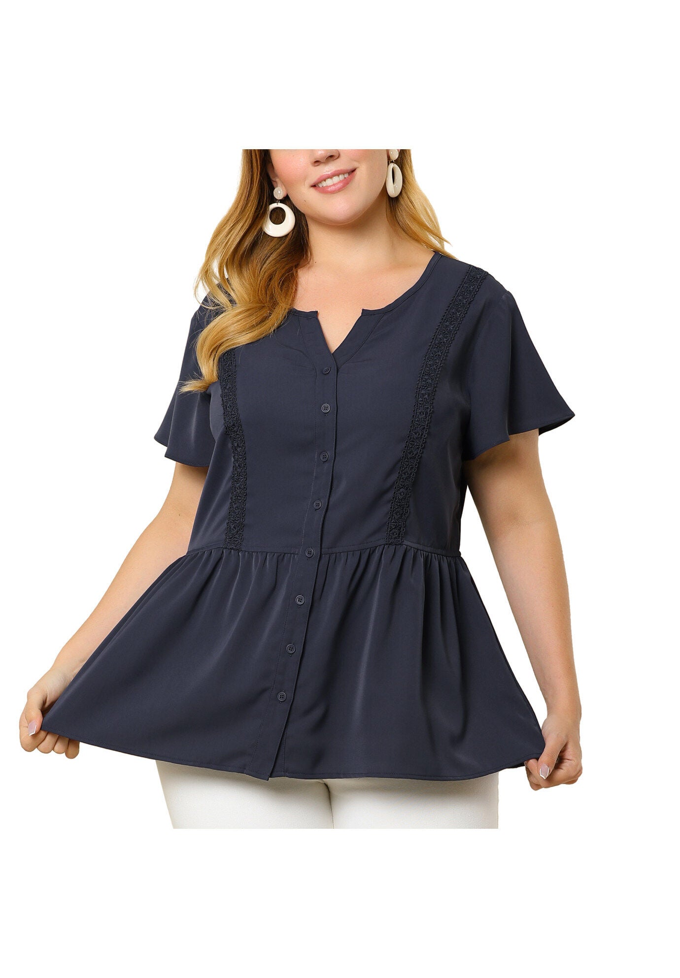 Button Down V Neck Blouse Shirt Short Sleeve Flare Peplum Top, Navy Blue / Navy, alternate image number 1