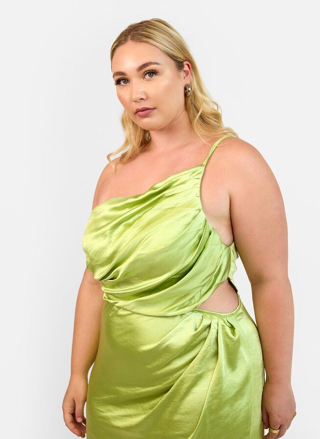 EMMA SATIN ONE SHOULDER MAXI BODYCON DRESS - CHARTREUSE | Dia & Co EMMA SATIN ONE SHOULDER MAXI BODYCON DRESS - CHARTREUSE | Dia & Co