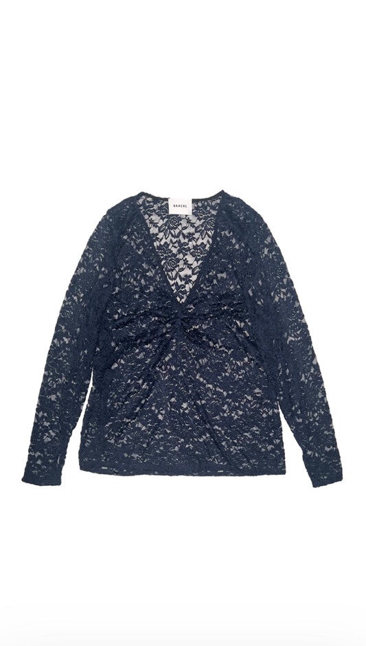 OLIVIA STRETCH LACE RUCHED DEEP V-NECK TOP, Navy / Navy, hi-res image number 0