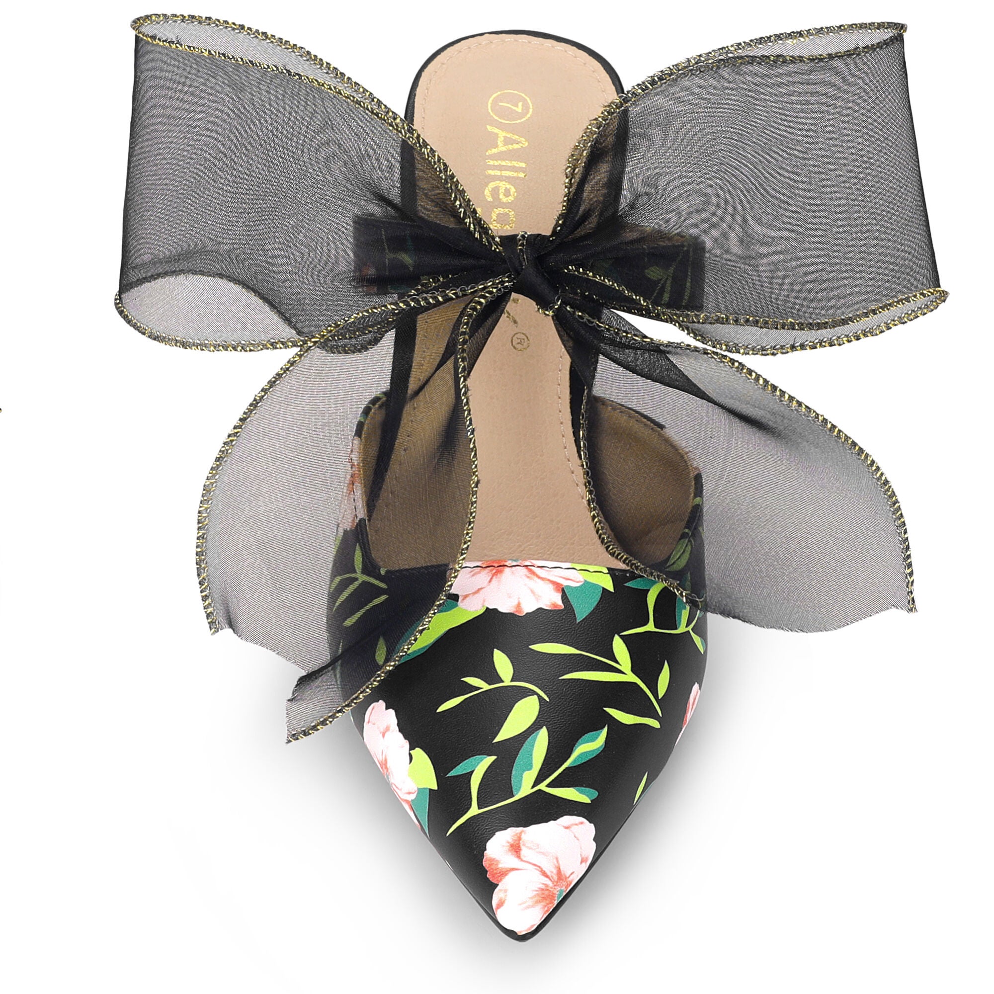 Pointed Toe Lace Bow Stiletto Heels Floral Mules, Black / Black, alternate image number 3