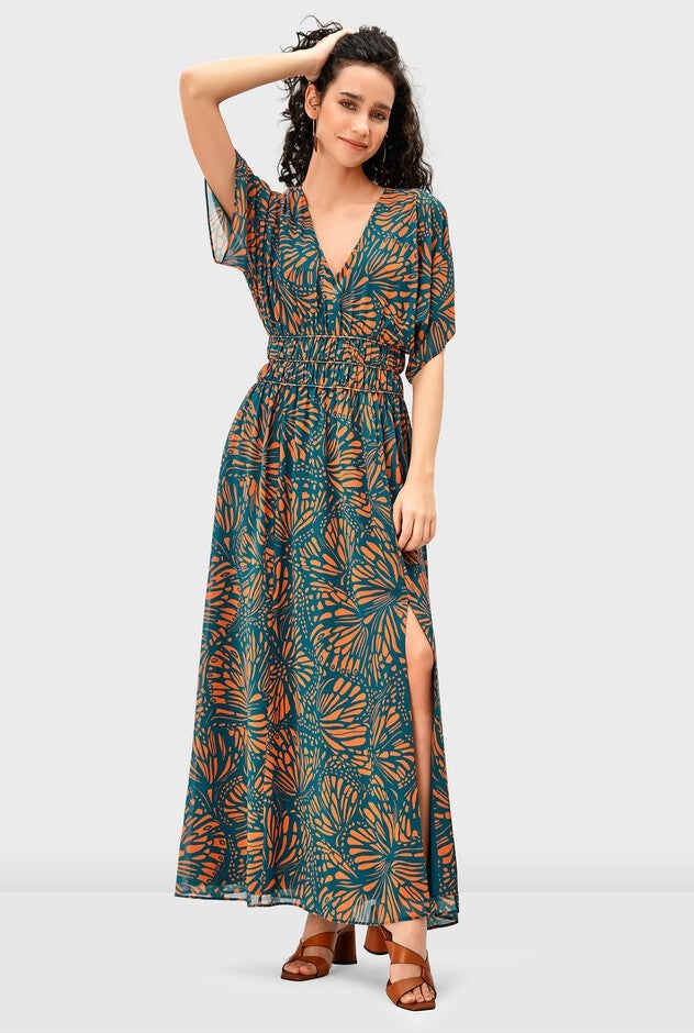 Graphic butterfly print georgette smocked waist dress, Deep teal / Teal, hi-res image number null