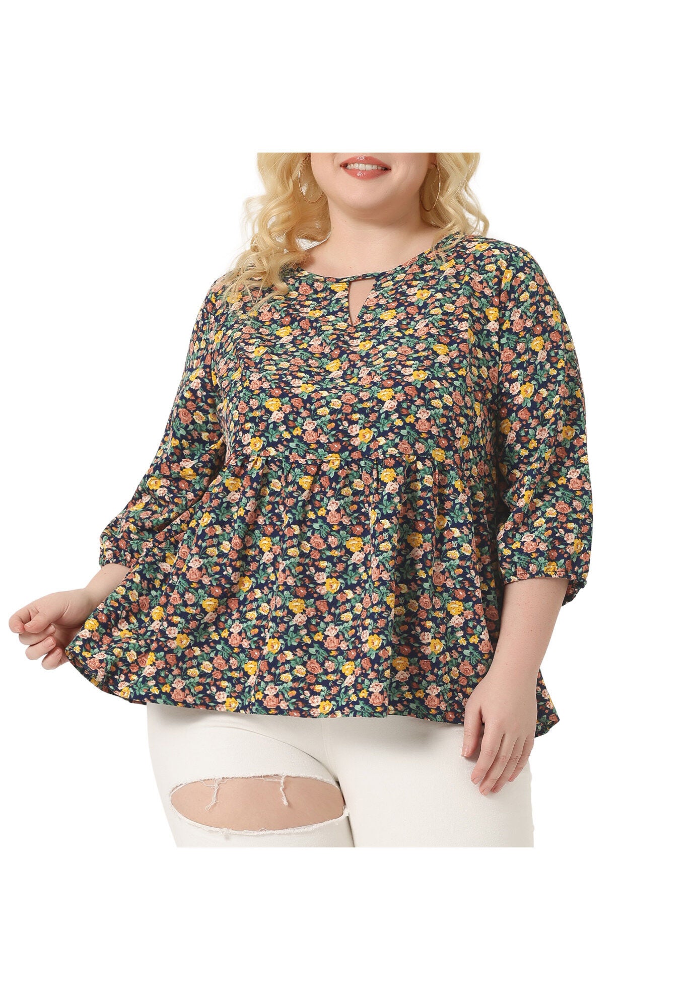 3/4 Sleeves Babydoll Chiffon Keyhole Floral Flowy Top Blouse, Navy Blue / Navy, alternate image number 2