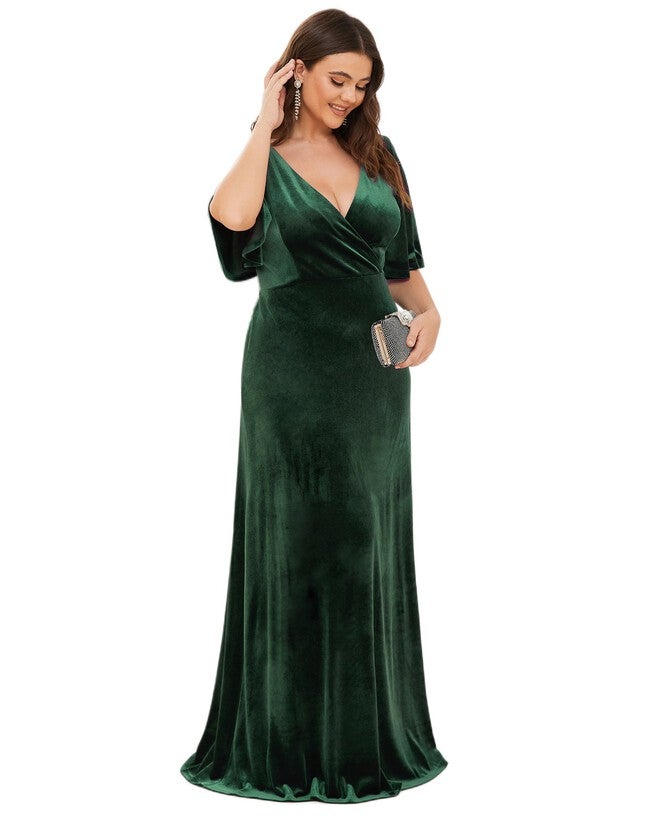 Elegant Double V Neck Velvet Party Dress with Sleeves, Dark Green / Forest Green, alternate image number null