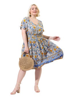 Placed Pattern Bohemian Smock Waist V Neck Summer Midi Dress