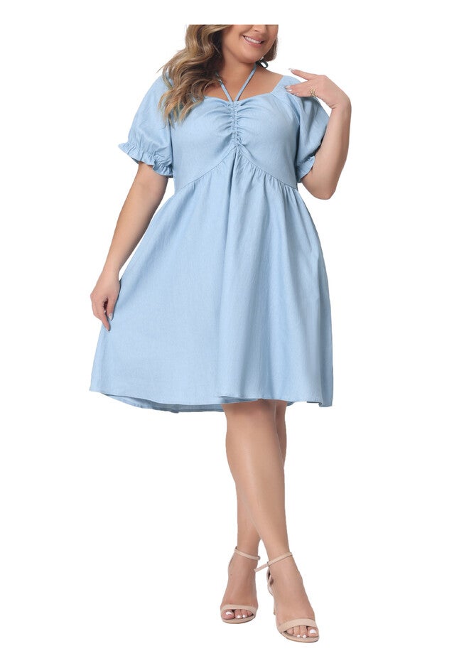 Summer Sweetheart Neck Self Tie Front Puff Sleeve Back Elastic Dress, Light Blue / Light Blue, alternate image number 1