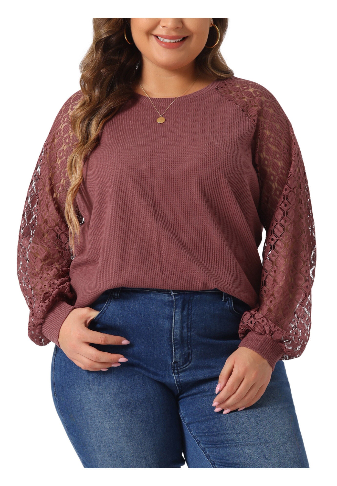 Lace Crew Neck Long Sleeve Loose Blouse, Purple Red / Terracotta, alternate image number 2