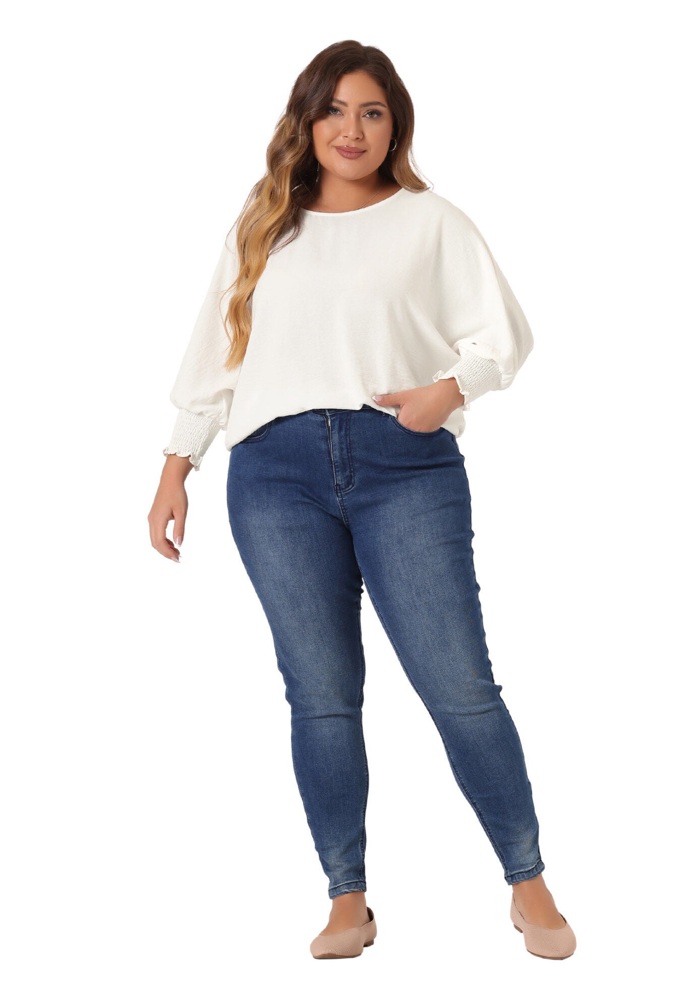 Chiffon Top Batwing Ruffle Long Sleeve Loose T-Shirt Blouse, White / White, hi-res image number 0