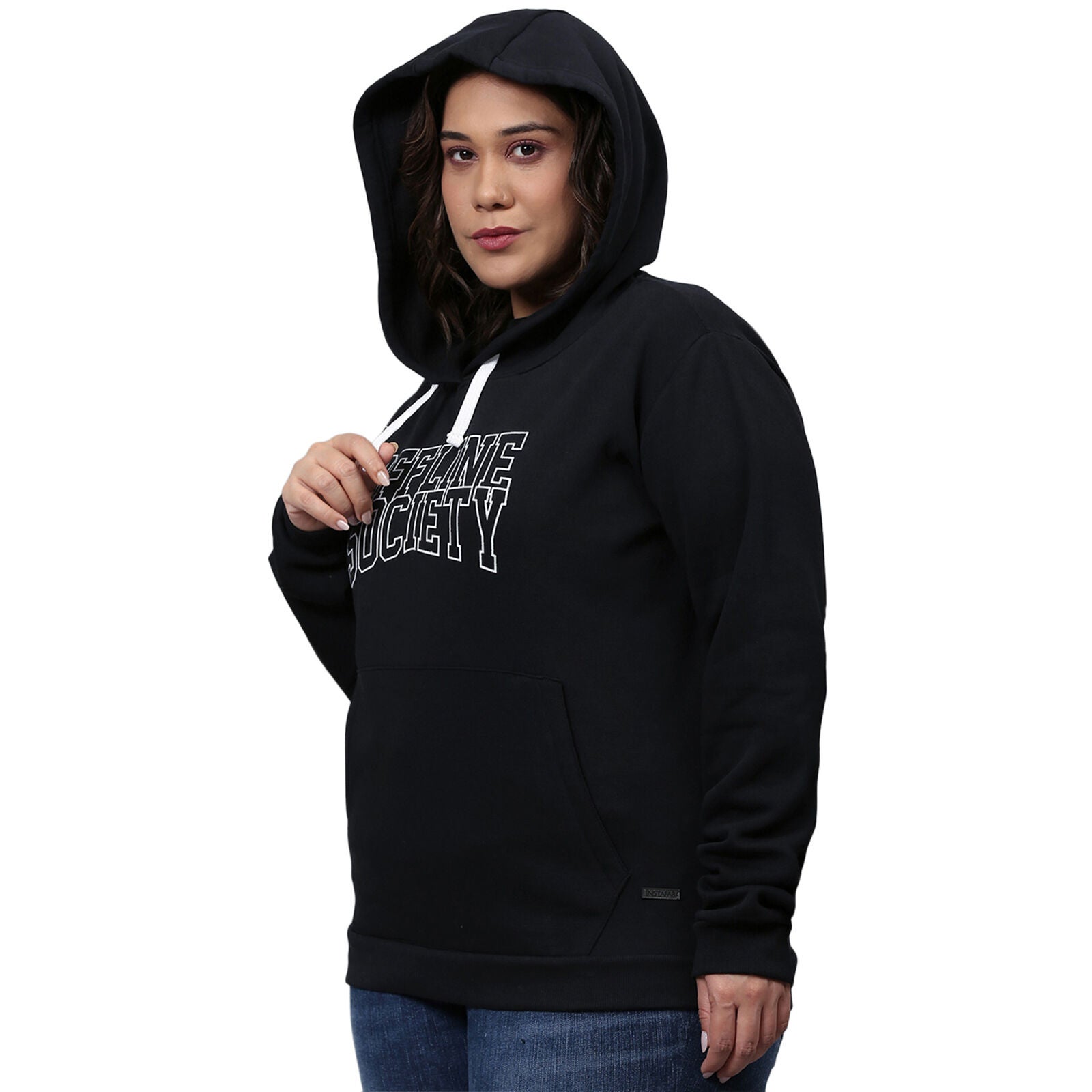 Black Hooded "Offline Society" Printed Sweatshirt, , alternate image number 5