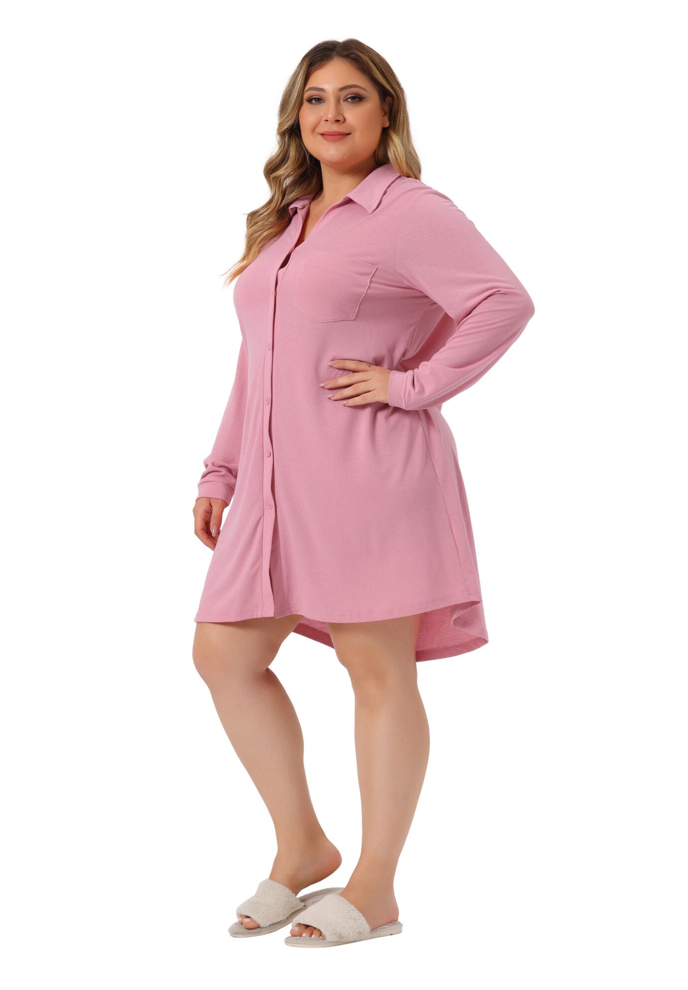 Long Sleeve Button Down Nightshirt V-Neck Sleepwear, Pink / Pink, hi-res image number 0
