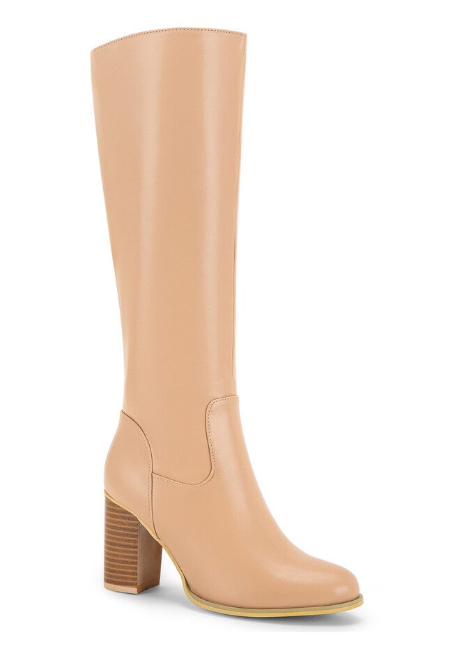 Round Toe Stacked Block Heels Knee High Boots, Nude / Peach, hi-res image number 0