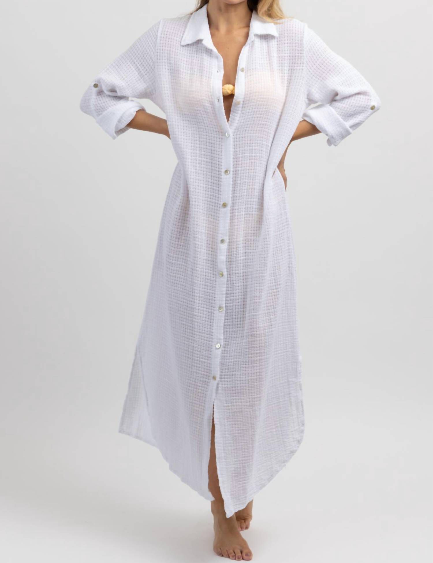 GAUZE MAXI SHIRT DRESS IN BRIGHT WHITE, Bright White / White, hi-res image number 0