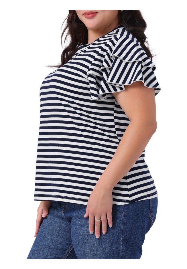 Summer Striped Ruffle Short Sleeve Casual T-Shirt, Navy Blue / Navy, alternate image number null