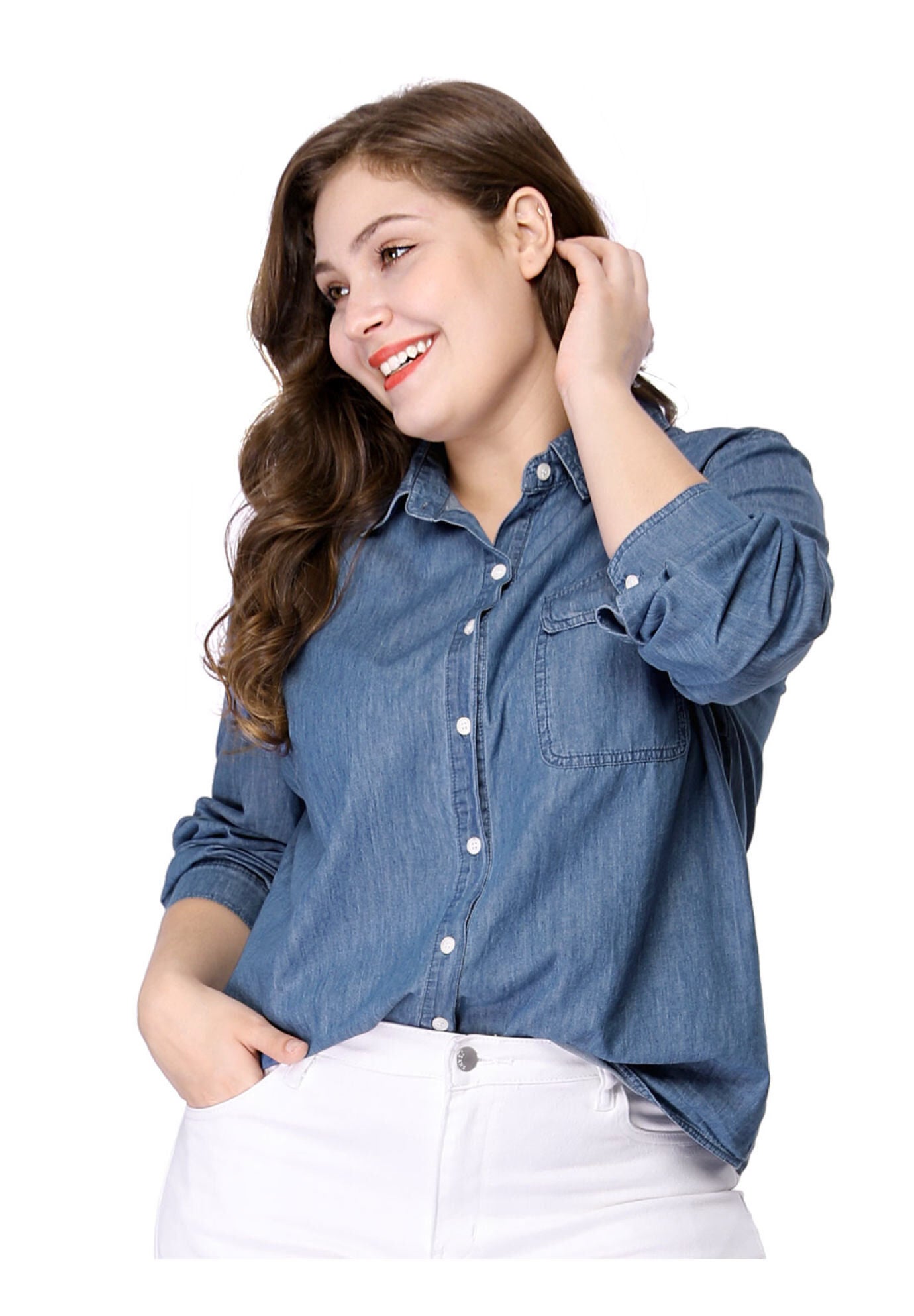 Button Down Long Sleeve Chest Pocket Chambray Shirt, Navy Blue / Chambray Denim Medium, alternate image number 1