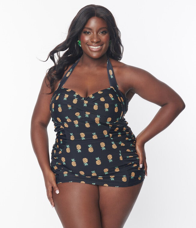 Unique Vintage Black & Pineapple Print Corinne Sheath Swimsuit, BlackPineapples / Black, hi-res image number 0