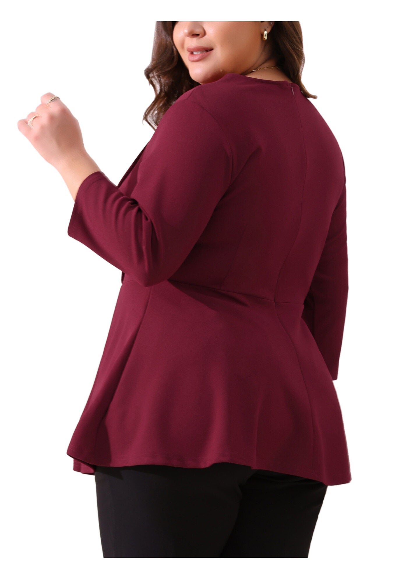 Crew Neck 3/4 Sleeve Peplum Top, Burgundy / Burgundy, alternate image number 3