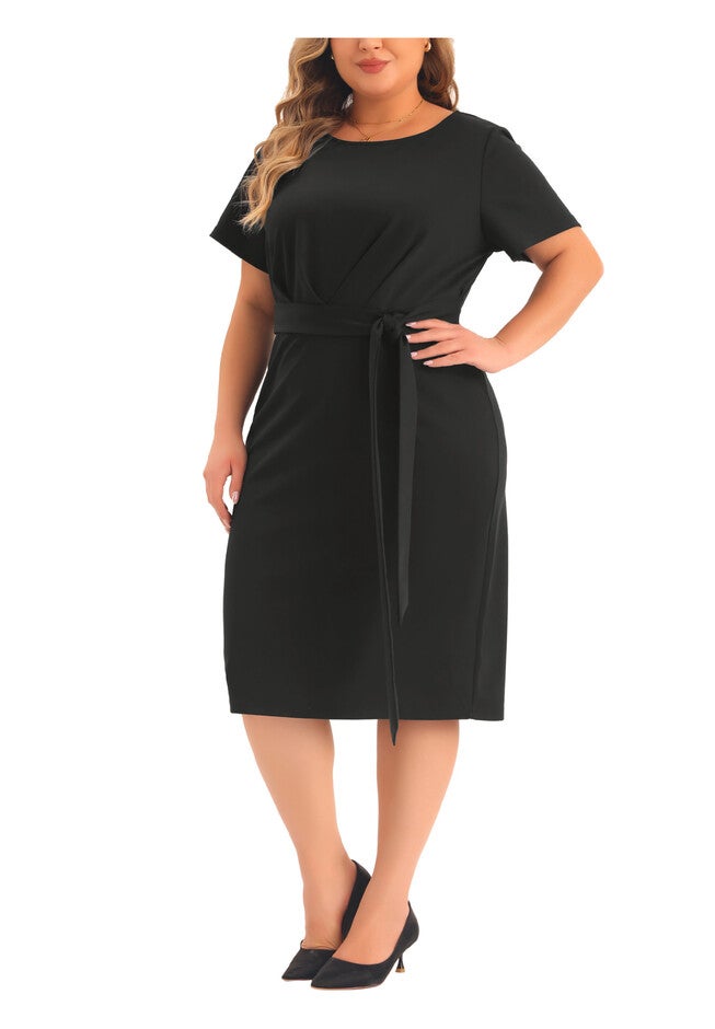 Round Neck Short Sleeve Belted Knot Tie Midi Dress, Black / Black, alternate image number 1