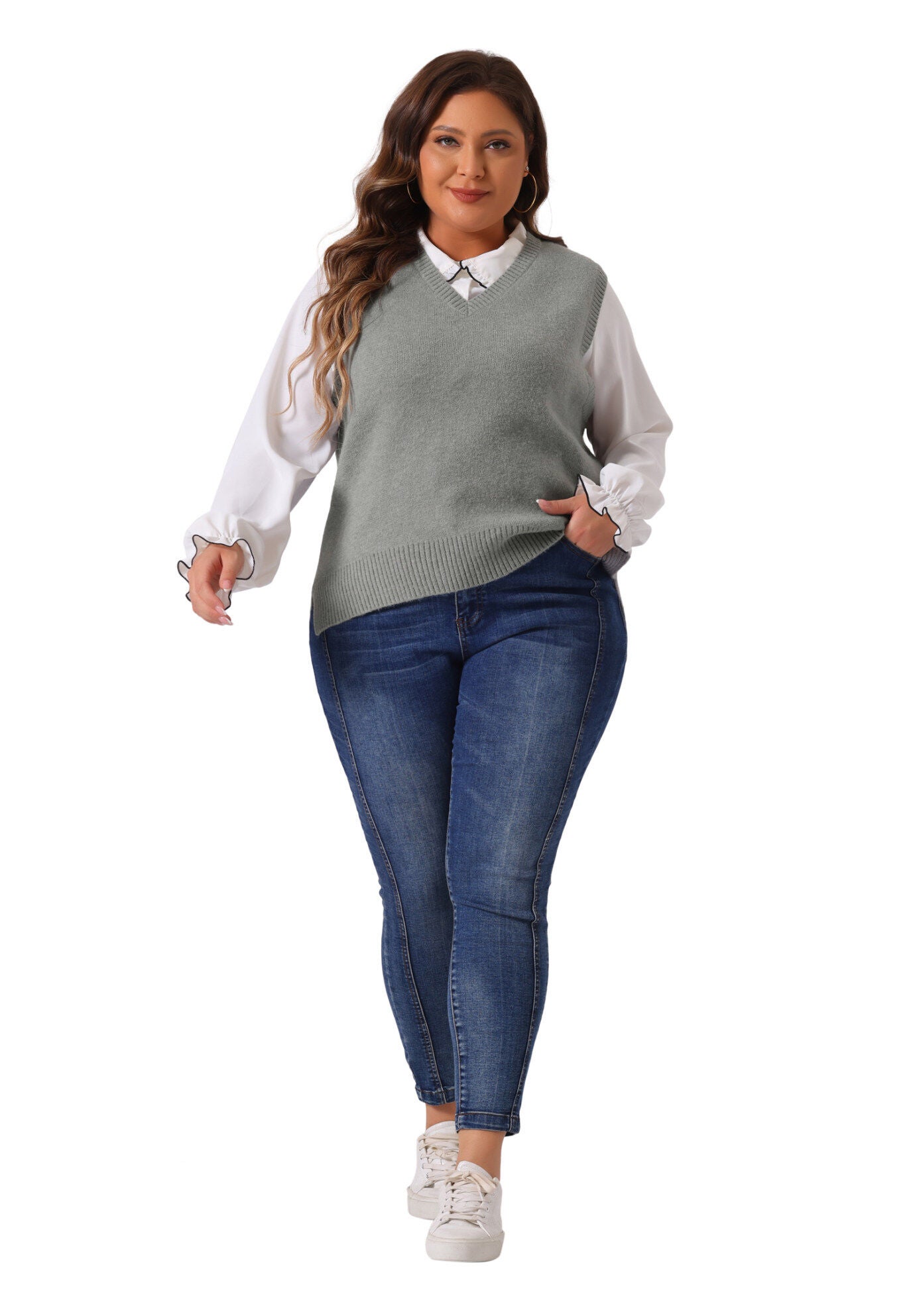 V Neck Knit Vest Sleeveless Pullover Sweater Top, Gray / Cool Gray, hi-res image number 0