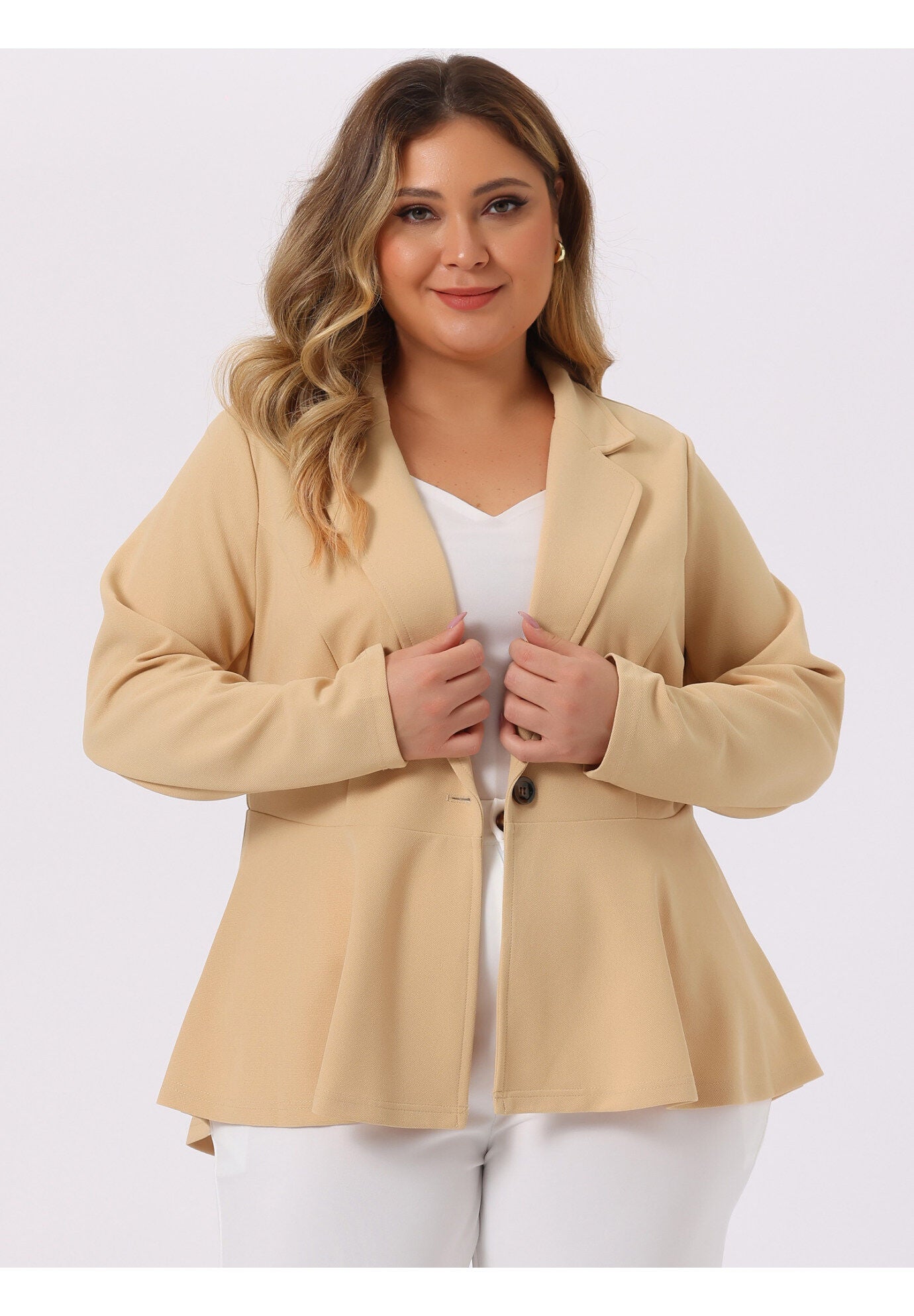 Ruffle V-Neck Button-Front Peplum Blazer, Apricot / Cream, alternate image number 1