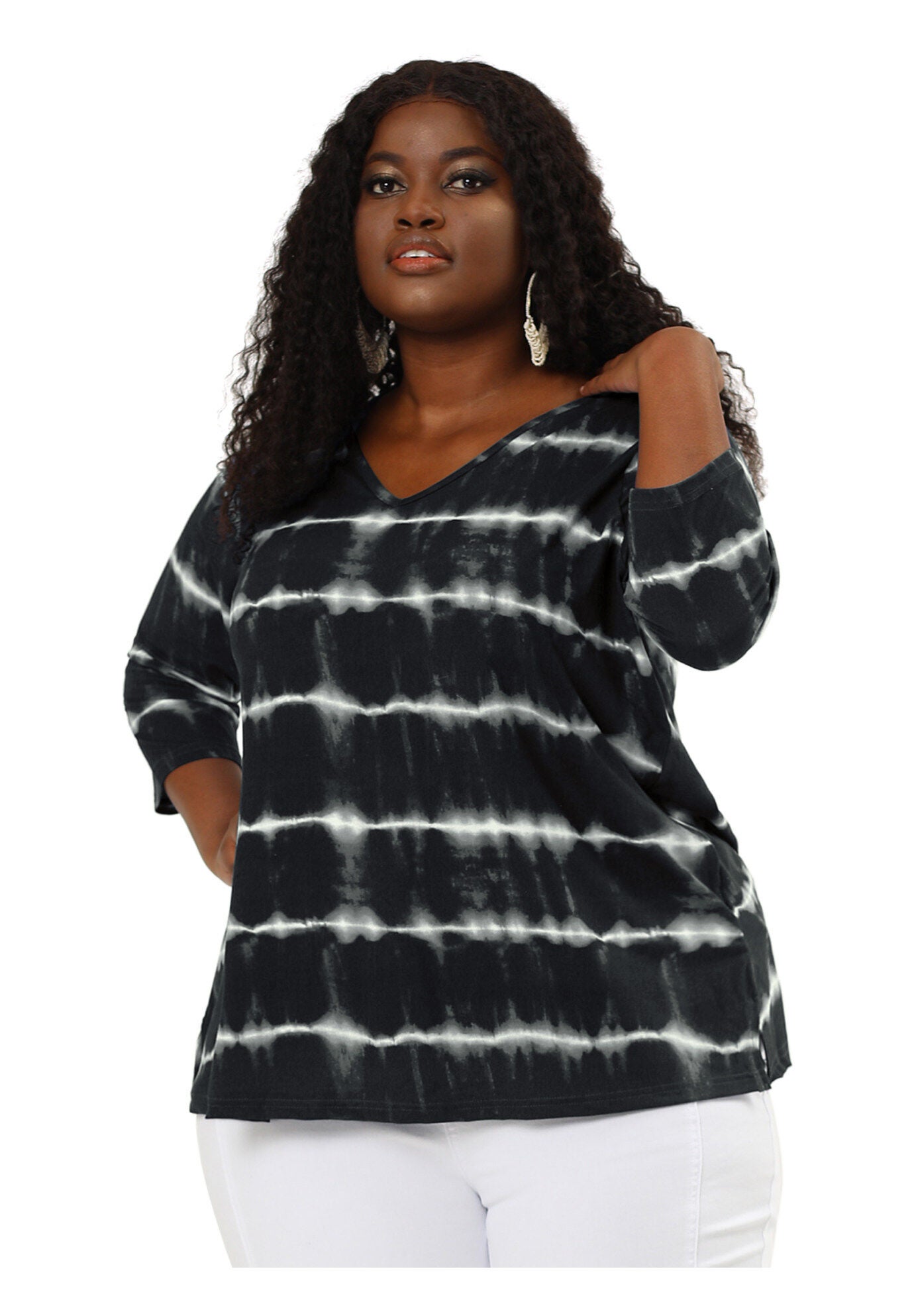 V Neck 3/4 Sleeve Loose Casual Striped Tie Dye Print T-Shirt Top, Black / Black, alternate image number 3