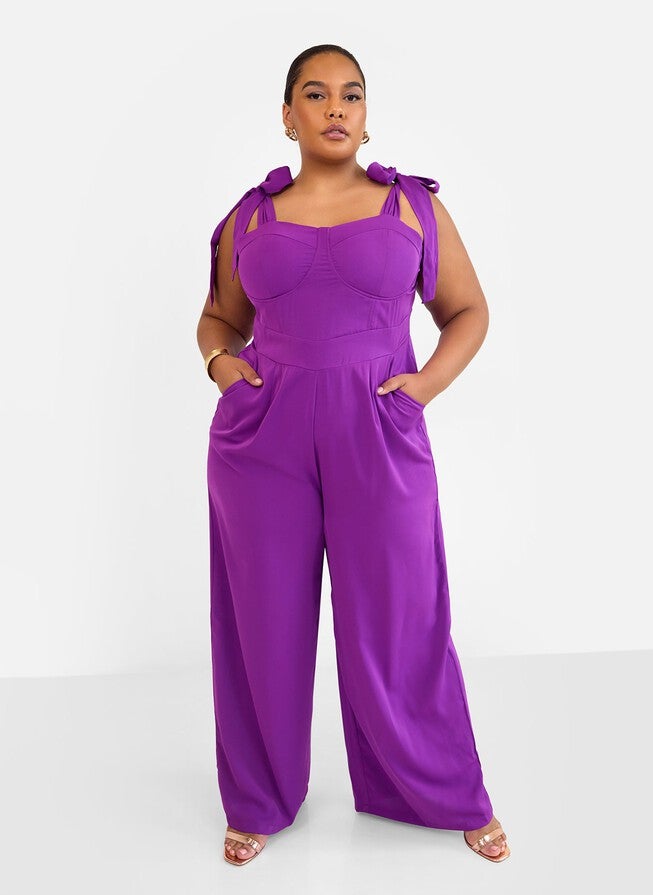 SELMA TIE STRAP CORSET WIDE LEG JUMPSUIT - PURPLE, Purple / Purple, alternate image number 2