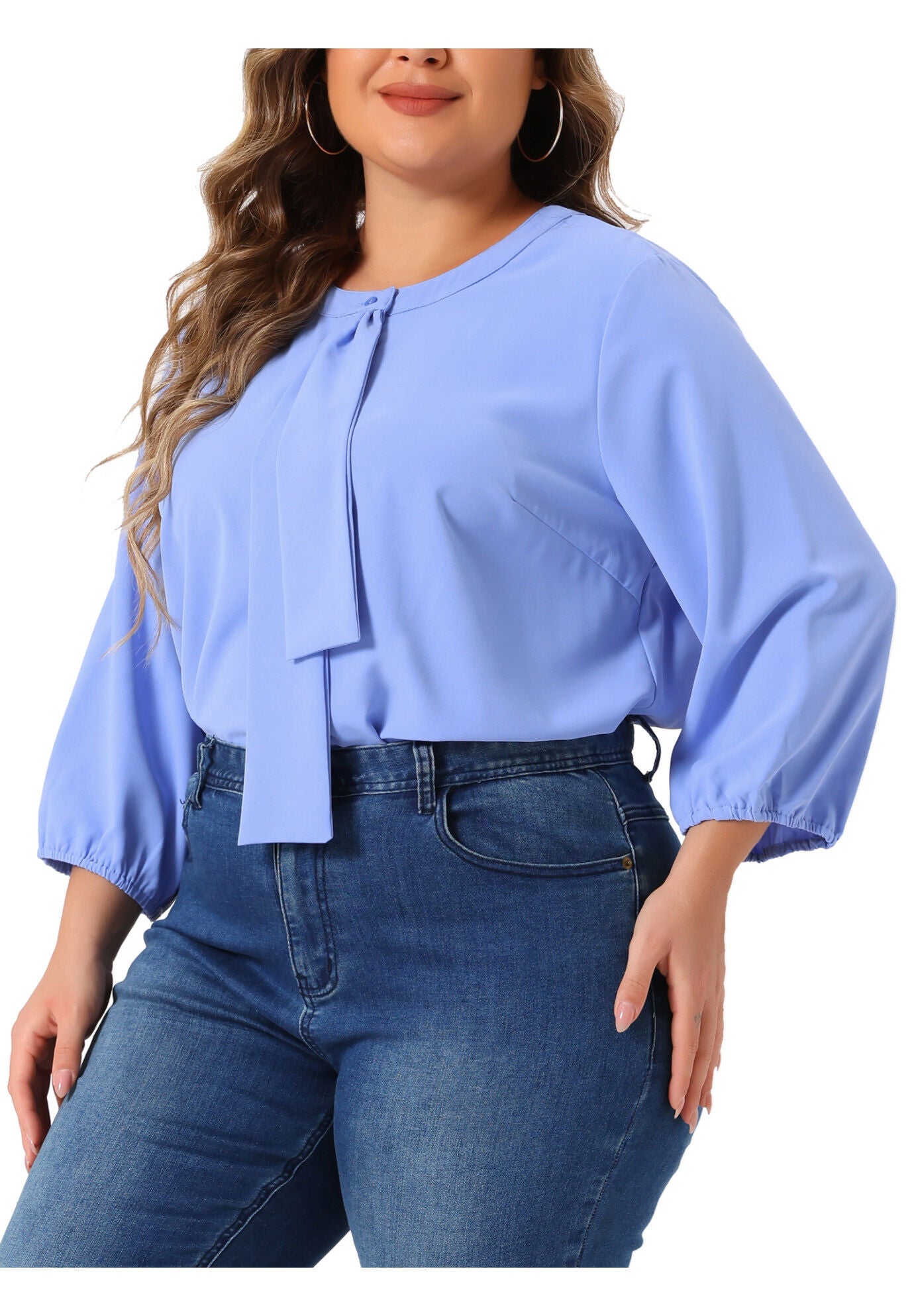 3/4 Sleeve Work Office Tie Front Ruffle Chiffon Blouse Top, Light Blue / Light Blue, alternate image number 1
