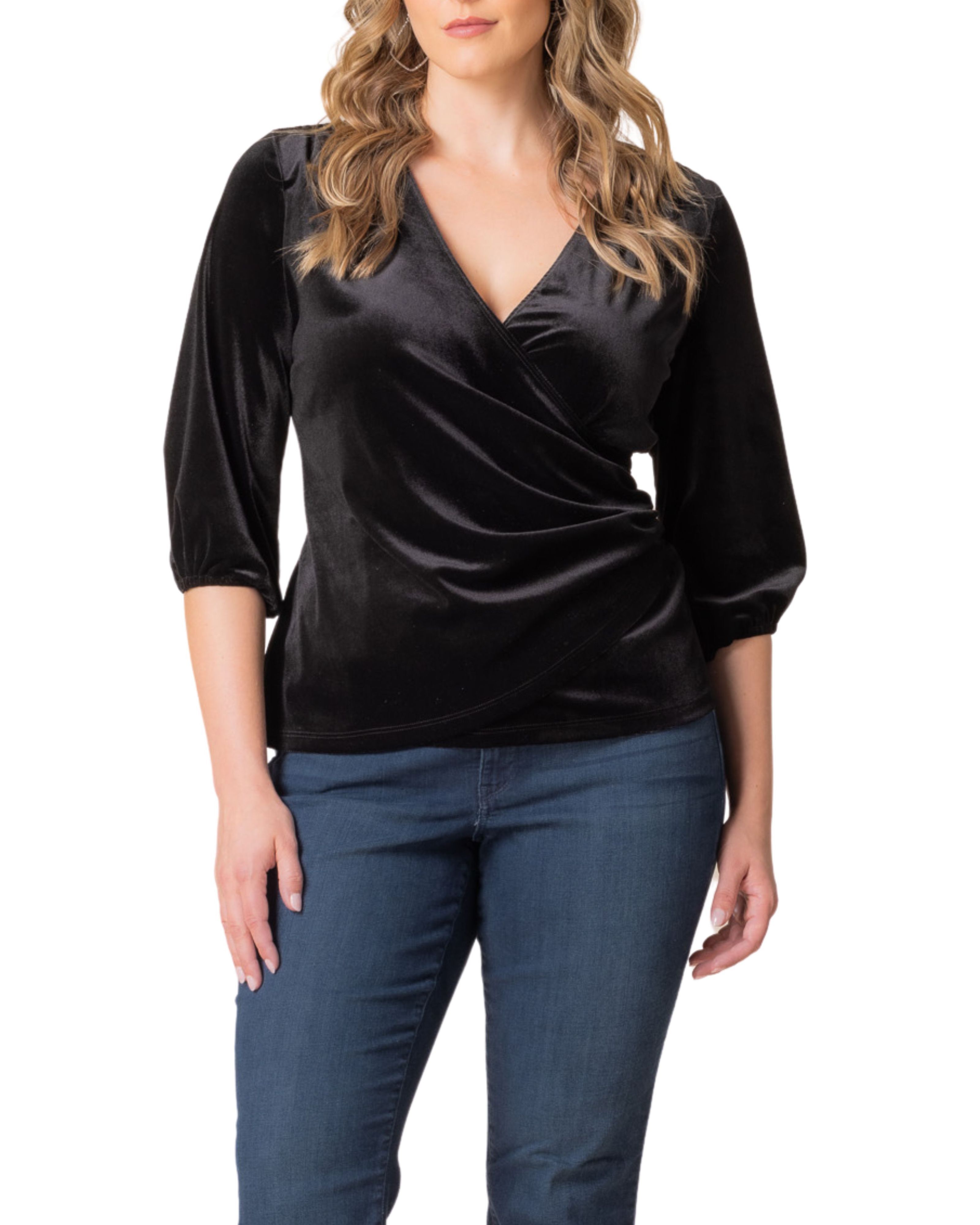 ODETTE VELVET FAUX WRAP TOP, ONYX / Black, hi-res image number 0
