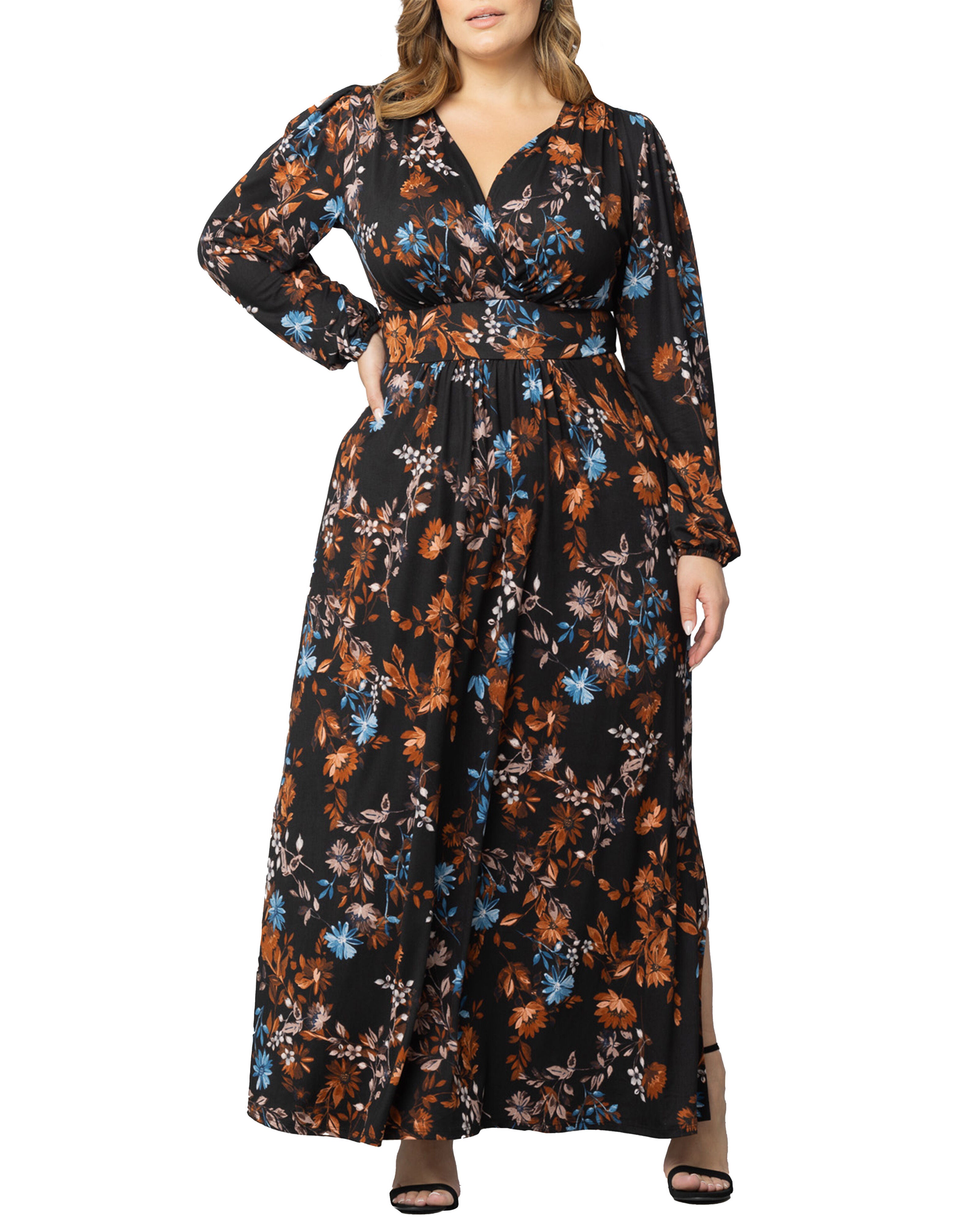 Kelsey Long Sleeve Maxi Dress, MIDNIGHT ASTERS / Black, hi-res image number 0