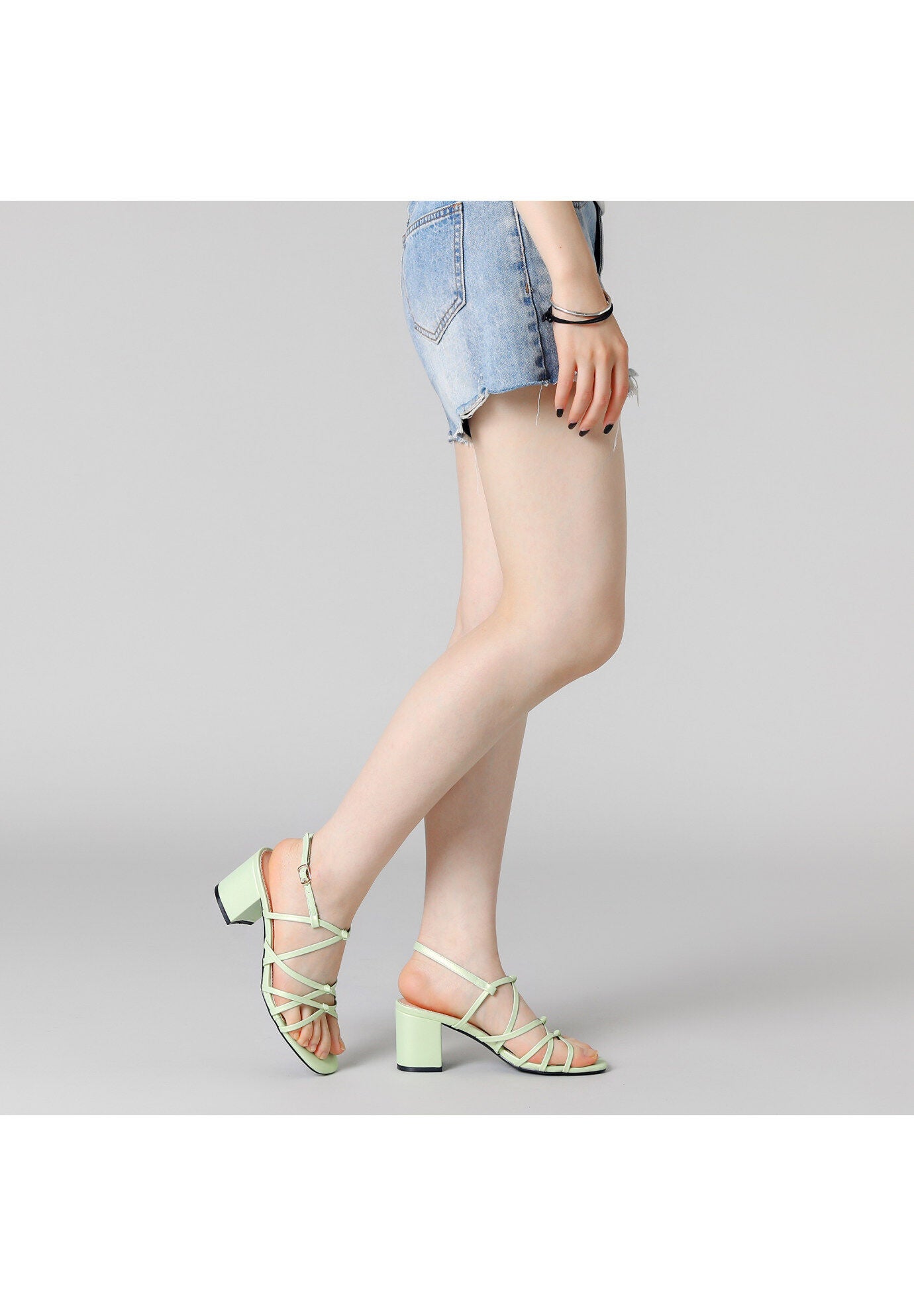 Square Toe Knots Ankle Strap Chunky Heels Sandals, Lime Green / Light Green, alternate image number 3