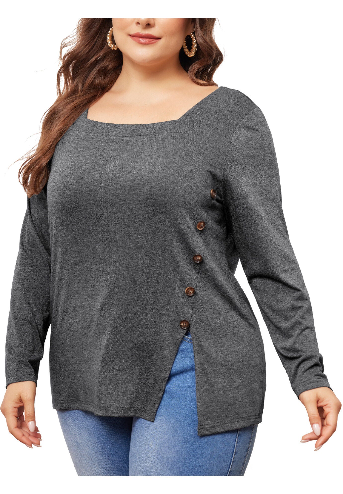 Side Button Square Neck Long Sleeve Tunic Blouse, Grey / Charcoal Grey, alternate image number 2