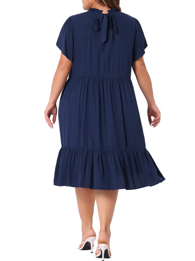 TIE BACK PETAL SLEEVE MOCK NECK RUFFLE HEM A-LINE SWING MIDI DRESS, Navy Blue / Navy, alternate image number 3