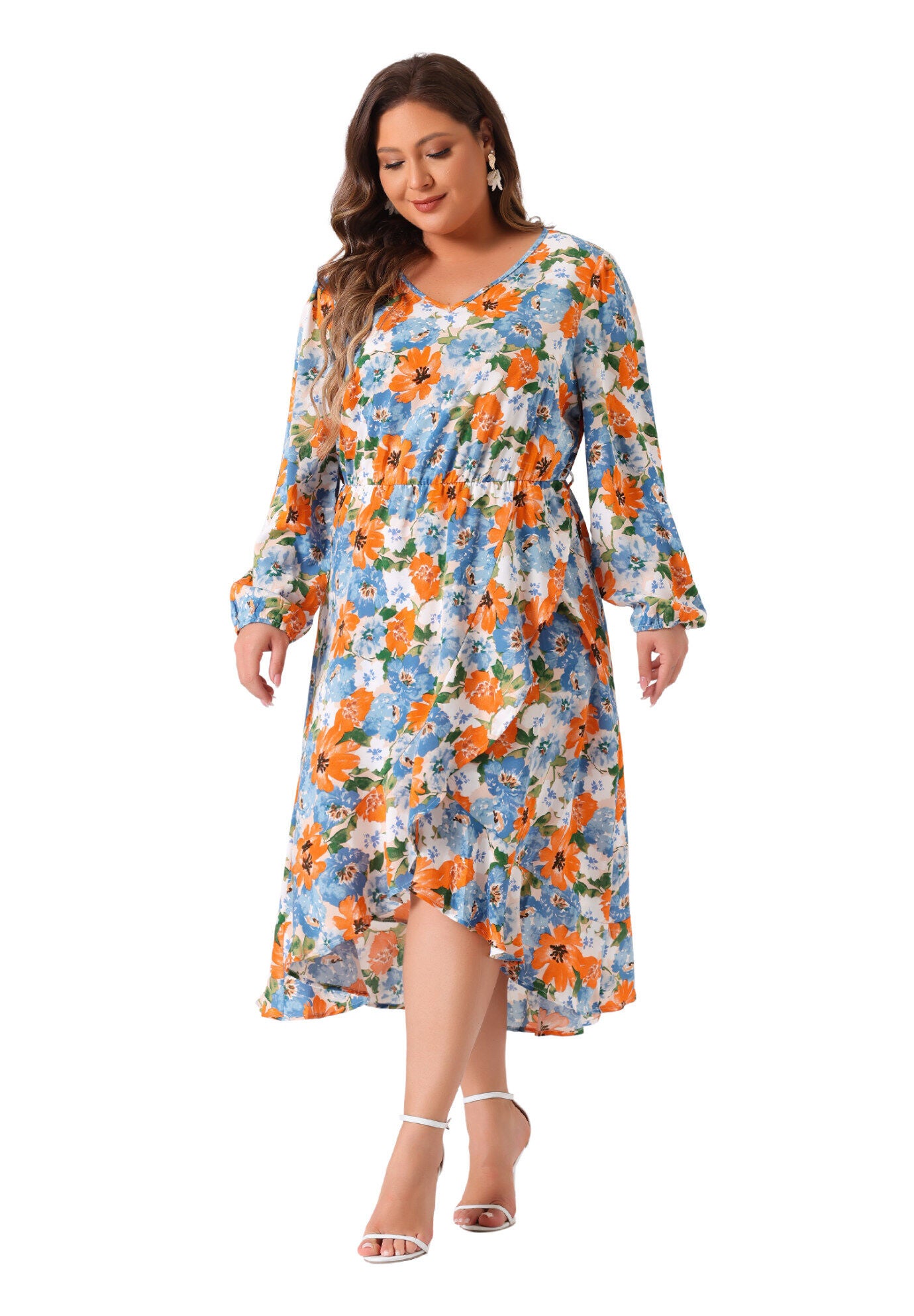 V Neck Long Sleeve Ruffle Chiffon Flowy Floral Maxi Dress with Belt, Beige / Beige, hi-res image number 0