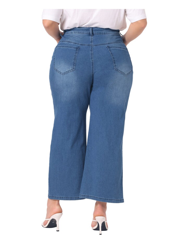 Button Stretchy Washed Wide Leg Jeans Palazzo Pants, Blue / Dusty Blue, alternate image number 2