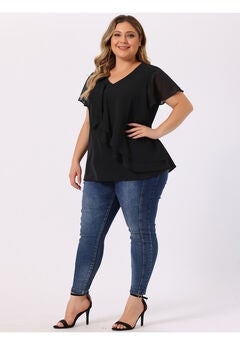 Flutter Sleeves Blouse V Neck Layer Chiffon Ruffle Top