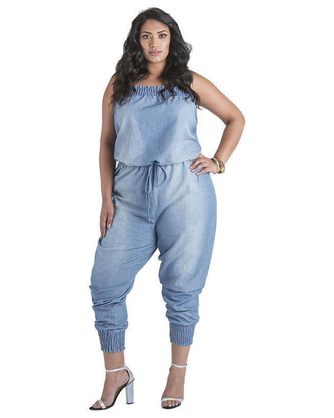 Kimi Light Washed Chambray Strapless Jumpsuits, 2397SFBOARD / Light Blue, alternate image number null