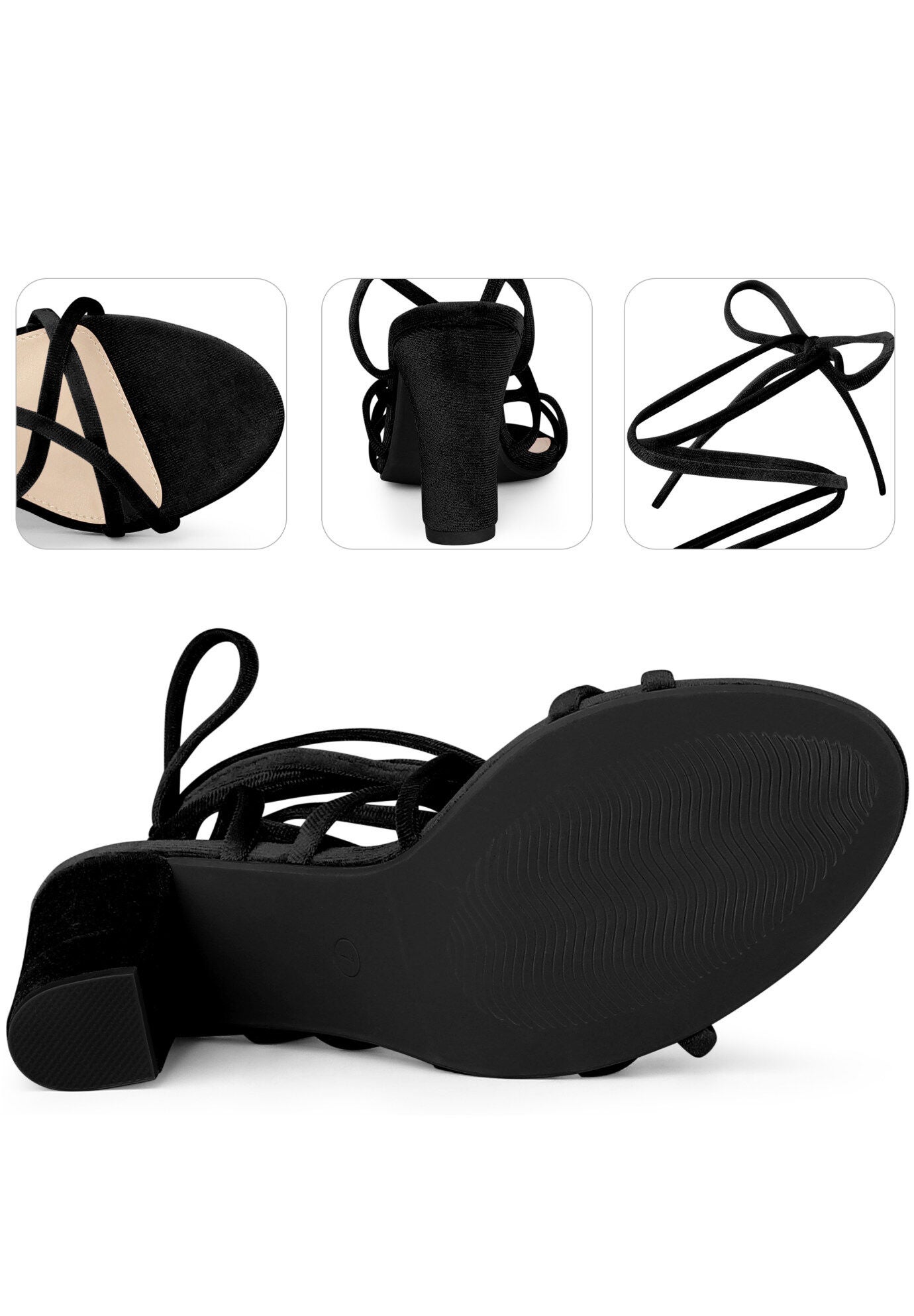 Lace Up Sandals Chunky Heels Strappy Heels, Black / Black, alternate image number 2