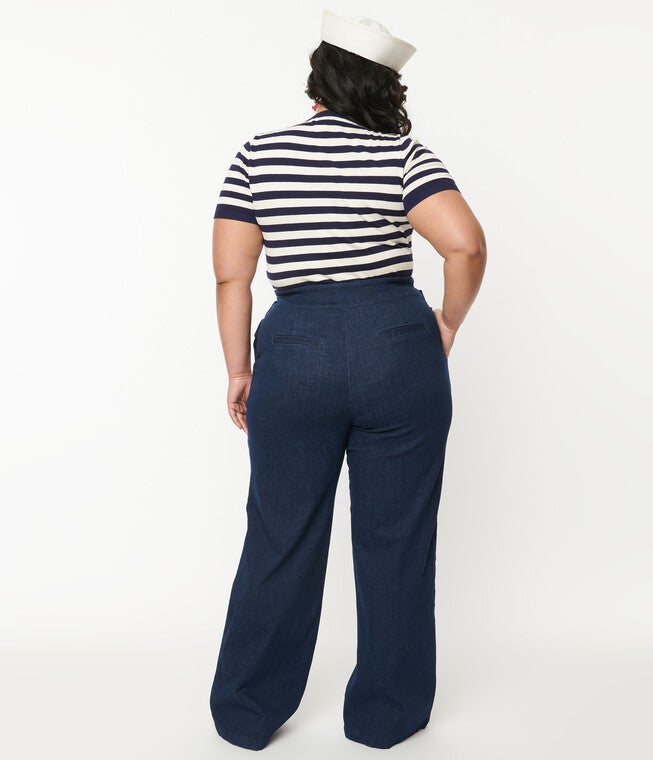 Unique Vintage Denim High Waist Wide Leg Tab Pants, Blue Denim / Destructed Dark Wash, alternate image number 3