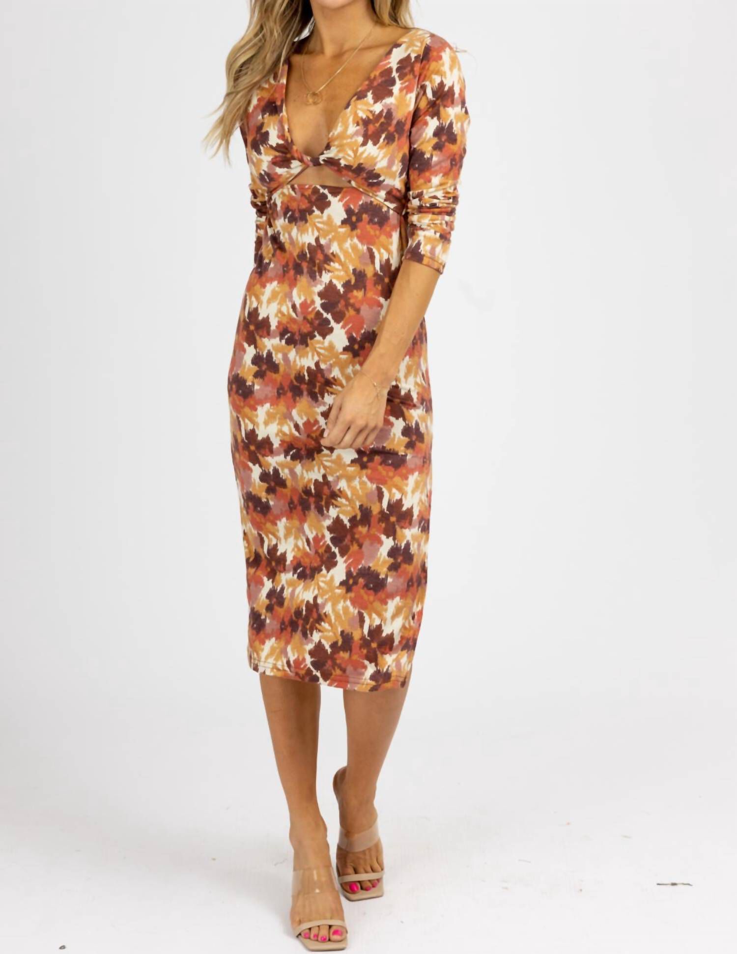 ECRU FRONT TWIST MIDI DRESS IN BROWN, Brown / Brown, hi-res image number 0