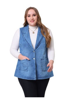 SLEEVELESS LAPEL LONG JEAN DENIM TUNIC VEST
