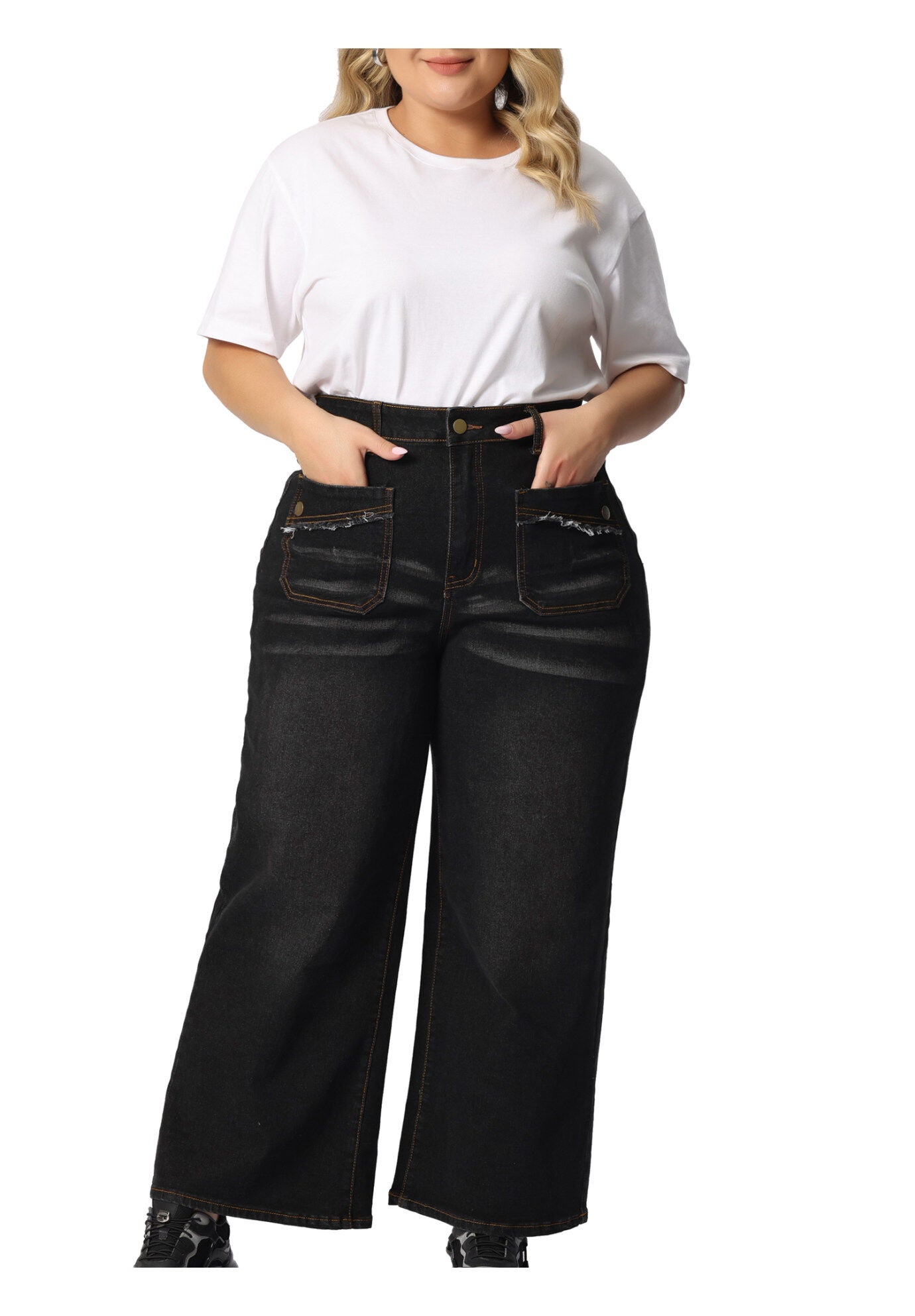 WIDE LEG WASHED STRETCHY PALAZZO PANTS DENIM JEANS, Black / Black, alternate image number 2