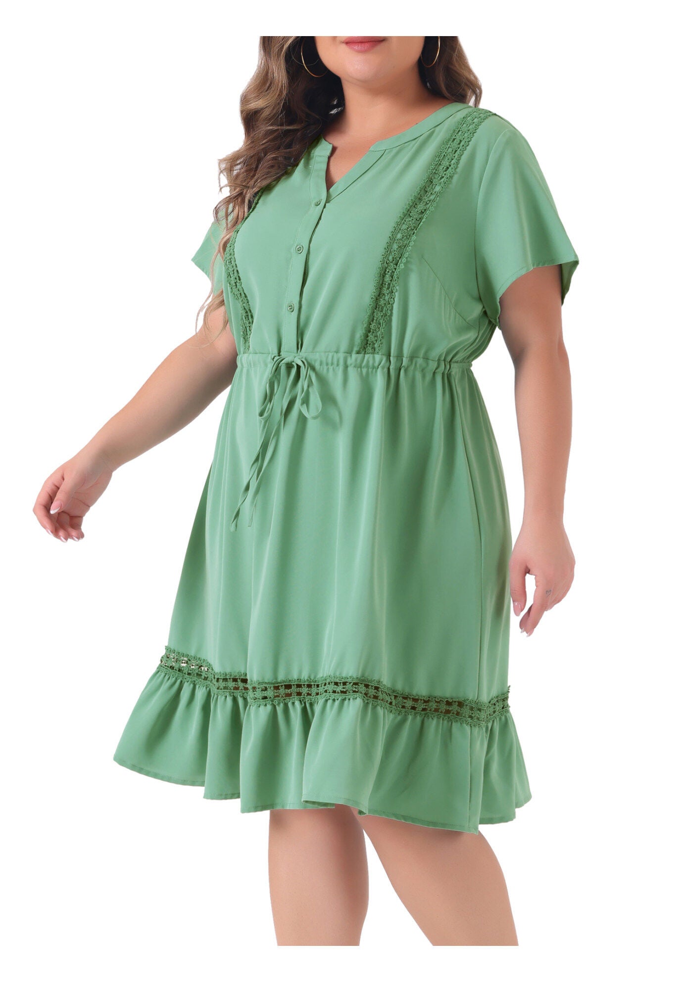 Button V Neck Summer Midi Ruffle A Line Swing Dress, Light Green / Light Green, alternate image number 1