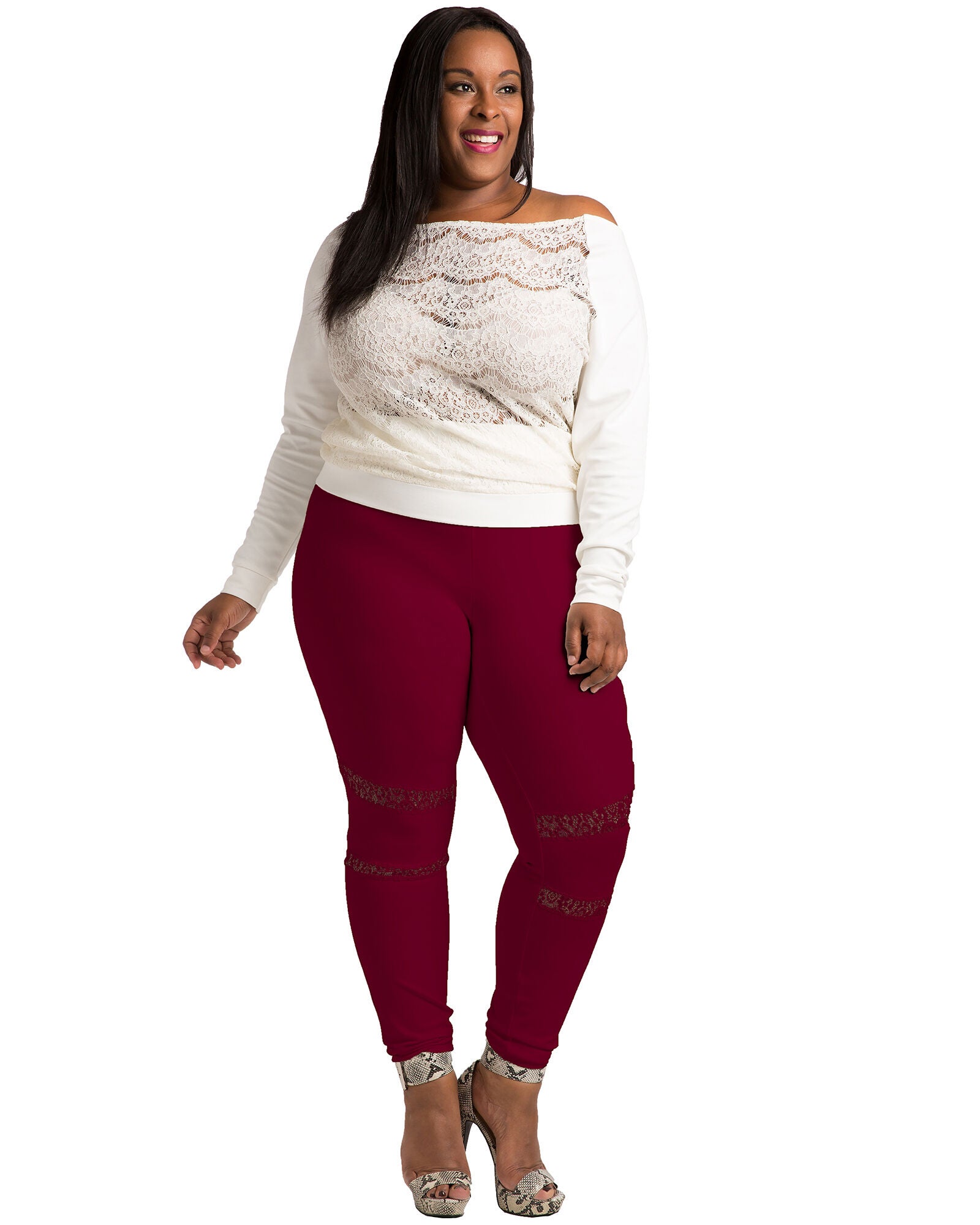 Janet Black Pull On Ponte Leggings with Lace Insert, Burgundy / Burgundy, alternate image number 1