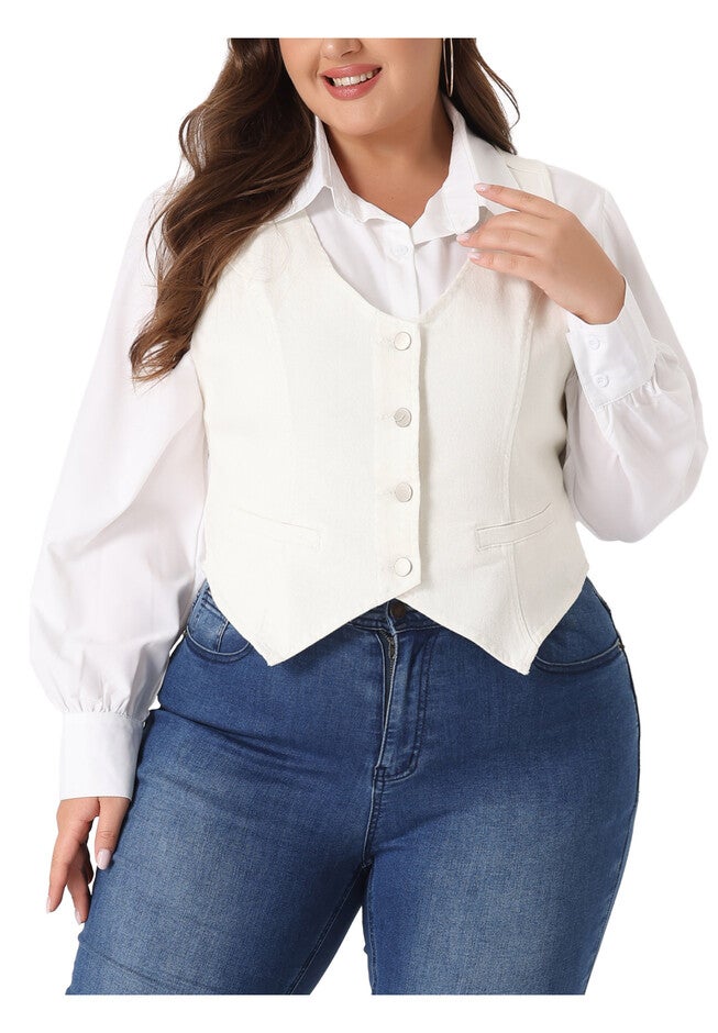 BUTTON DOWN SLEEVELESS JEAN WAISTCOAT VEST, White / White, alternate image number 1