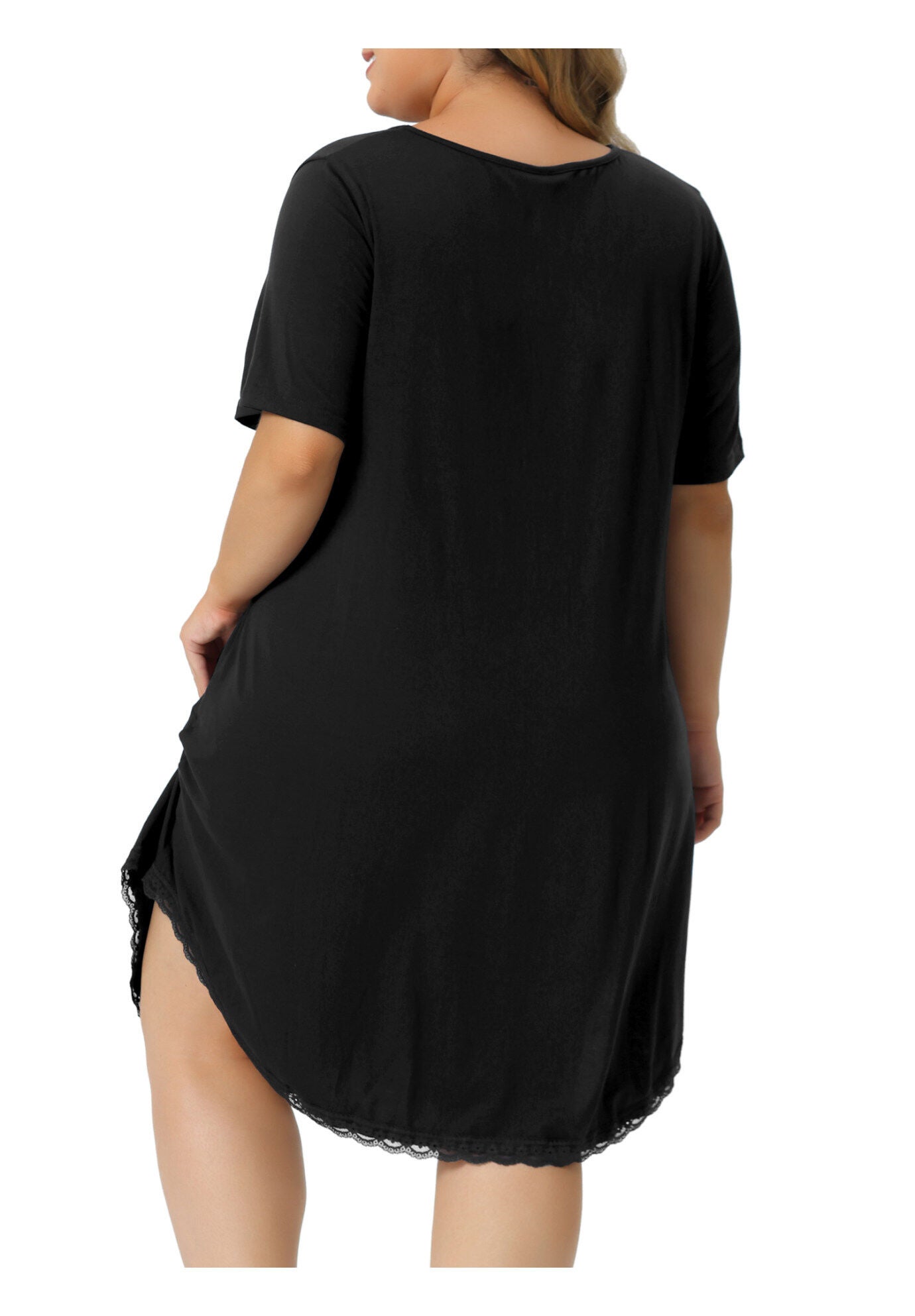Short Sleeve V Neck Pajama Sleepdress, Black / Black, alternate image number 3